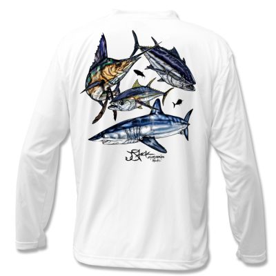 Atlantic Slam Microfiber Back: White long sleeve with color illustrations of sailfish, bluefin tuna, yellowfin tuna, and mako shark.