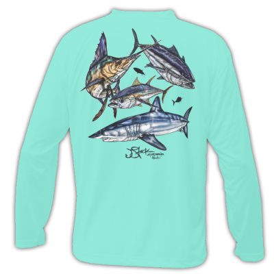 Atlantic Slam Microfiber Back: Seafrost long sleeve with color illustrations of sailfish, bluefin tuna, yellowfin tuna, and mako shark.