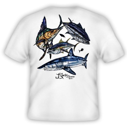 Atlantic Slam Back: White shirt with color illustrations of sailfish, bluefin tuna, yellowfin tuna, and mako shark.