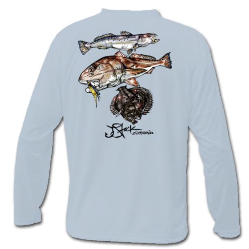 Gulf Slam Microfiber Back: Bliss Blue long sleeve with color illustrations of trout, redfish, and flounder.