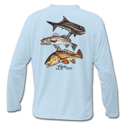 North Florida Slam Microfiber Back: Light Blue long sleeve with color illustrations of cobia, trout, and redfish.