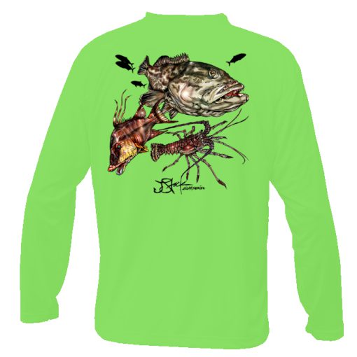 Dive Slam Microfiber Back: Lime long sleeve with color grouper, hogfish, and lobster illustrations.