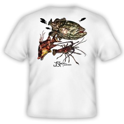 Dive Slam Shirt Back: White shirt with color illustrations of grouper, hogfish, and lobster