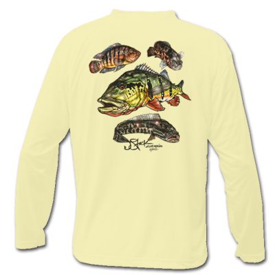 Exotic Slam Microfiber Back: Light Yellow long sleeve with color illustrations of Peacock Bass, Mayan Cichlid, Oscar, and Snakehead fish