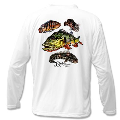 Exotic Slam Microfiber Back: White long sleeve with color illustrations of Peacock Bass, Mayan Cichlid, Oscar, and Snakehead fish