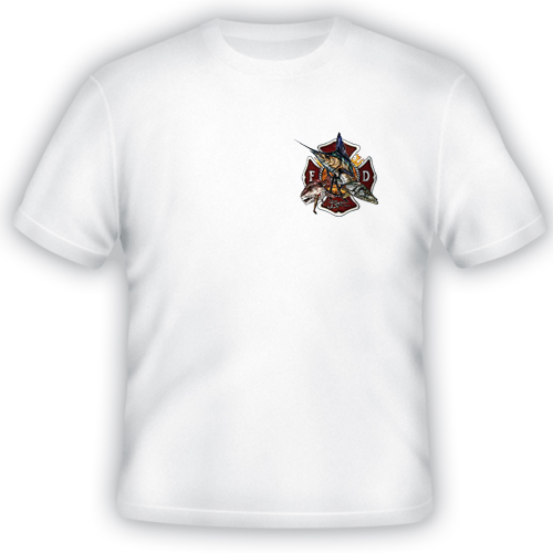 Firefighter Shirt Front: White shirt with left chest design of maltese cross with sailfish, redfish, and snook illustrations coming out of middle.