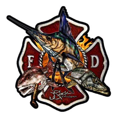Firefighter Sticker: Black background with maltese cross with sailfish, redfish, and snook illustrations coming out of middle. Sticker diecut around illustrations.