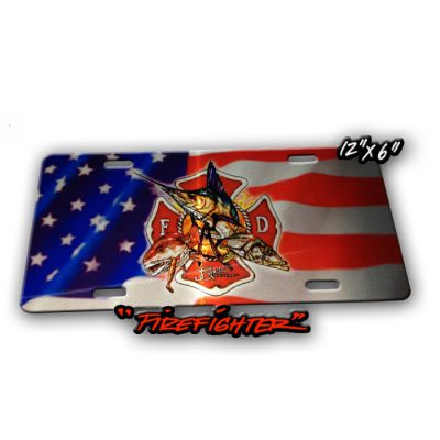 Firefighter License Plate: Waving american flag background with overlay of maltese cross with sailfish, redfish, and snook illustrations coming out of middle.