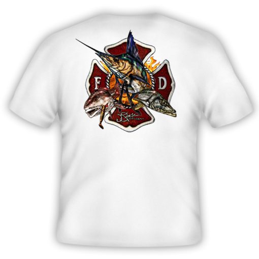Firefighter Shirt Back: White shirt with maltese cross with sailfish, redfish, and snook illustrations coming out of middle.