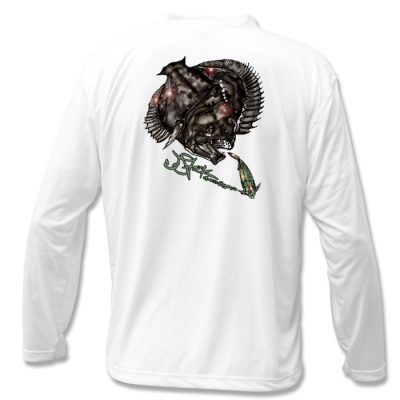 Flounder Microfiber Back: white long sleeve with color illustration of a flounder chasing a bait fish.