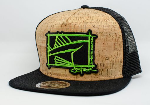 Linesider Patch Otto Cork: Black patch with lime linesider design embroidered, on cork hat with black flat brim and mesh