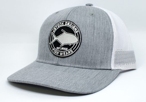 Permit Patch Richardson: Black patch with white JStock designs fish wear permit badge embroidered on heather grey hat with white mesh