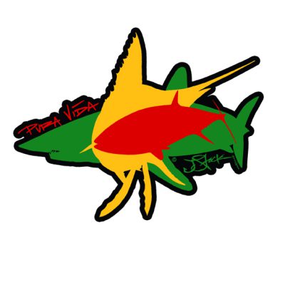 Pura Vida Sticker: Black background with red tuna, yellow sailfish, and green mako. Sticker diecut around illustrations.