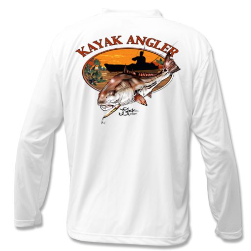 Kayak Fishing Microfiber Back: white long sleeve with Kayak Angler type arced over oval sunset photo with silhouette of person fishing from a kayak and a color illustration of a redfish.