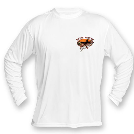Kayak Fishing Microfiber Front: white long sleeve with Kayak Angler type arced over oval sunset photo with silhouette of person fishing from a kayak and a color illustration of a redfish on left chest