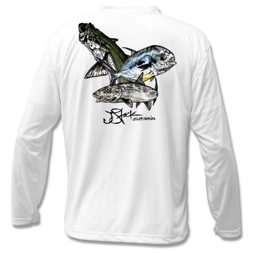 Keys Slam Microfiber Back: White shirt with color illustrations of jumping tarpon, permit, and bonefish.