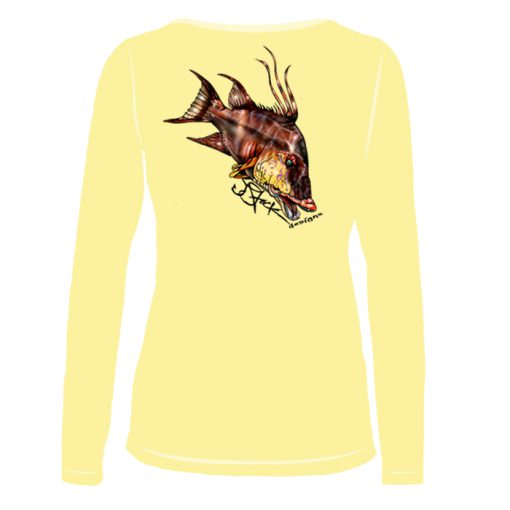 Hogfish Ladies Microfiber Back: Yellow long sleeve with color illustration of Hogfish