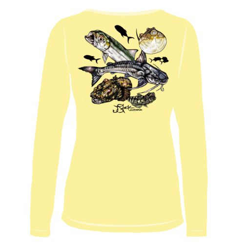 Trash Can Slam Ladies Microfiber Back: Yellow long sleeve with color illustrations of Catfish, Dogfish, Lizardfish, Blowfish and Ladyfish.