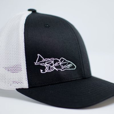 Redfish Flexfit: White JStock designs redfish logo embroidered on right side of black hat with white mesh