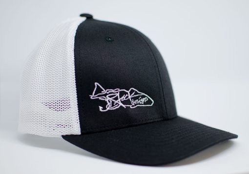 Redfish Flexfit: White JStock designs redfish logo embroidered on right side of black hat with white mesh