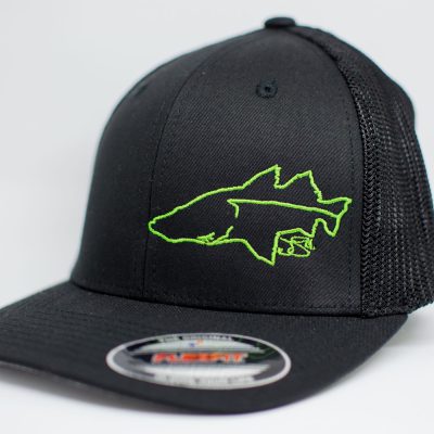 Linesider Flexfit: Lime snook outline embroidered on left side of black hat with black mesh
