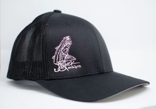 Tarpon Bust FlexFit: Silver tarpon bust embroidered on right side of black hat with black mesh