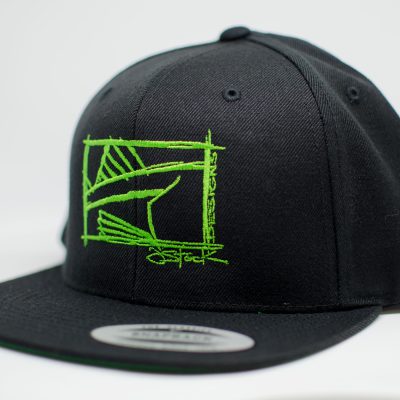 Linesider Snapback: lime linesider design embroidered, on black flat brim hat