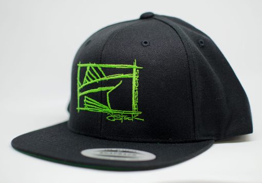 Linesider Snapback: lime linesider design embroidered, on black flat brim hat