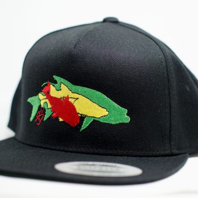 Takin It Easy Snapback: overlapping redfish silhouette in red, snook silhouette in yellow, and tarpon silhouette in green embroidered on black flat brim hat