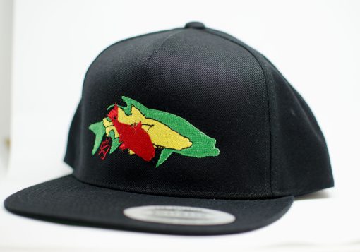 Takin It Easy Snapback: overlapping redfish silhouette in red, snook silhouette in yellow, and tarpon silhouette in green embroidered on black flat brim hat