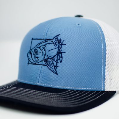 Tarpon on the Brain: navy tarpon embroidery on carolina blue hat with navy brim and white mesh