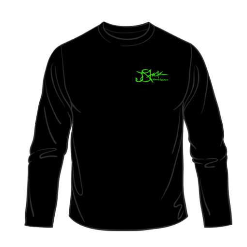 Microfiber Front: black long sleeve with green jstock designs logo on the left chest