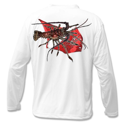 Lobster Dive Microfiber Back: white long sleeve with tattered dive flag and color illustration of a lobster.
