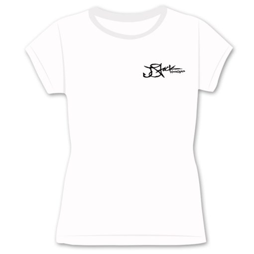 Ladies Shirt Front: White shirt with black JStock designs logo left chest