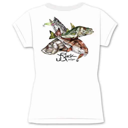 Inshore Slam Ladies Shirt Back: White shirt with with color illustrations of redfish, snook, tarpon, and trout with lure.