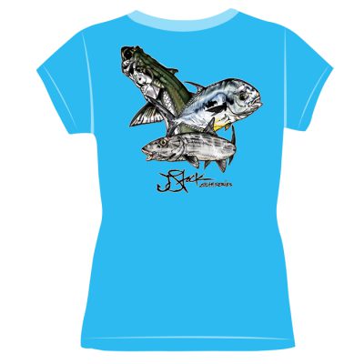 Keys Slam Ladies Shirt Back: Light Blue shirt with color illustrations of jumping tarpon, permit, and bonefish.