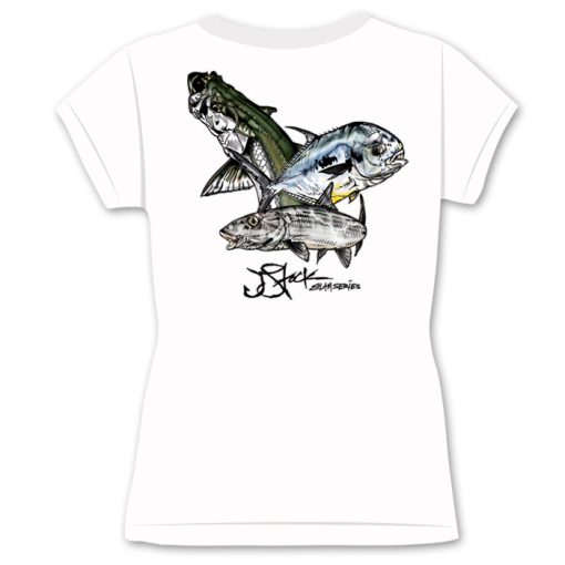 Keys Slam Ladies Shirt Back: White shirt with color illustrations of jumping tarpon, permit, and bonefish.