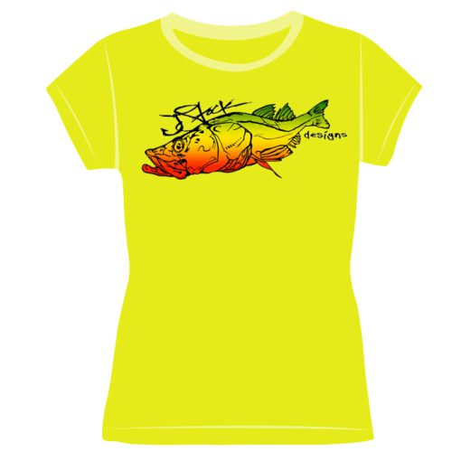 Ladies Rasta Snook Front: Yellow shirt with snook drawing filled with green, yellow, red gradient (top to bottom) across the chest