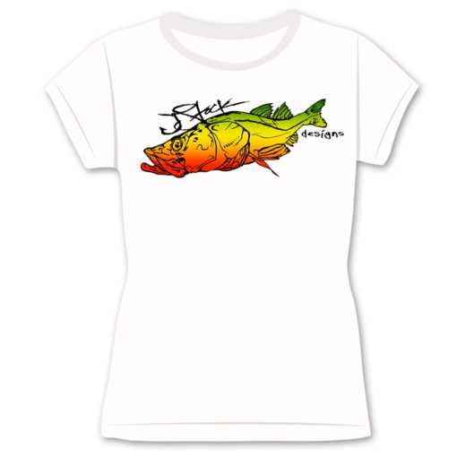 Ladies Rasta Snook Front: White shirt with snook drawing filled with green, yellow, red gradient (top to bottom) across the chest