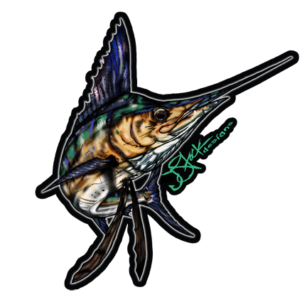 Sailfish Sticker: Black background with color illustration of sailfish. Sticker diecut around illustrations.