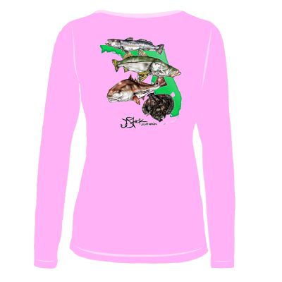 Florida Slam Ladies Microfiber Back: Pink long sleeve with color trout, snook, redfish, and flounder illustrations on-top of florida shape.