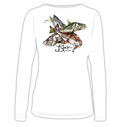 Inshore Slam Ladies Microfiber Back: White long sleeve with color illustrations of redfish, snook, tarpon, and trout with lure.
