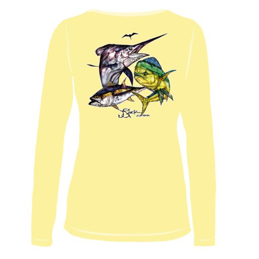 Pelagic Slam Ladies Microfiber Back: Yellow long sleeve with color illustration of sailfish, mahi mahi, and yellowfin tuna.