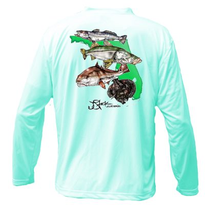 Florida Slam Shirt Back: Seafoam long sleeve with color trout, snook, redfish, and flounder illustrations on-top of florida shape.