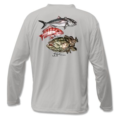 Offshore Slam Microfiber Back: Light Grey long sleeve with color illustrations of Amberjack, Red Snapper, and Grouper