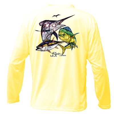Pelagic Slam Microfiber Back: Yellow long sleeve with color illustration of sailfish, mahi mahi, and yellowfin tuna.