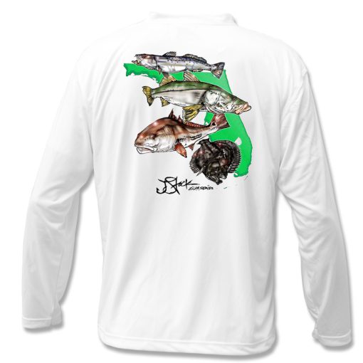 Florida Slam Microfiber Back: White long sleeve with color trout, snook, redfish, and flounder illustrations on-top of florida shape.