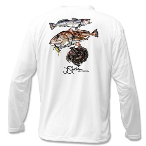 Gulf Slam Microfiber Back: White long sleeve with color illustrations of trout, redfish, and flounder.