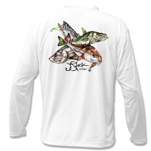 Inshore Slam Microfiber Back: White long sleeve with color illustrations of redfish, snook, tarpon, and trout with lure.