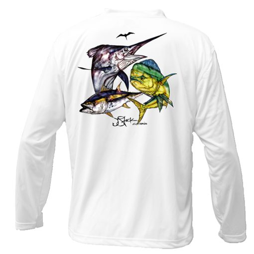 Pelagic Slam Microfiber Back: White long sleeve with color illustration of sailfish, mahi mahi, and yellowfin tuna.
